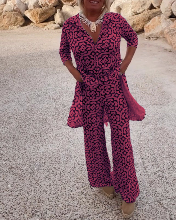 Clara | Chic Geometric Printed V-Neck Tunic & Wide-Leg Pants Set