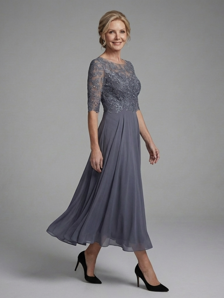 Olivine | Lace Midi Dress – Sheer Sleeves for Women