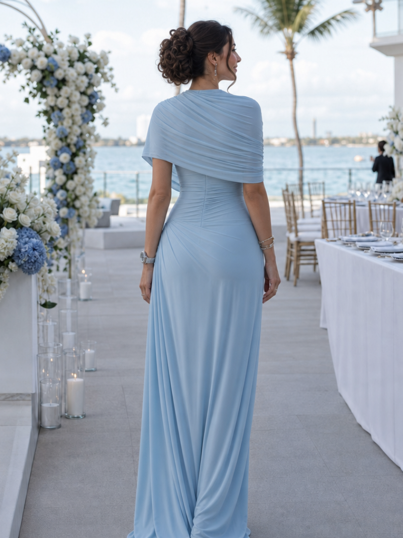 Draped One-Shoulder Maxi Dress in Soft Blue