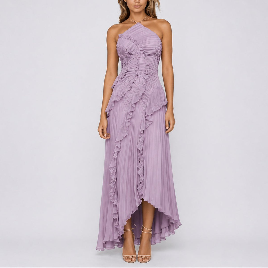 Amelie | Fall Wedding Pleated Ruffle Halter Maxi Dress