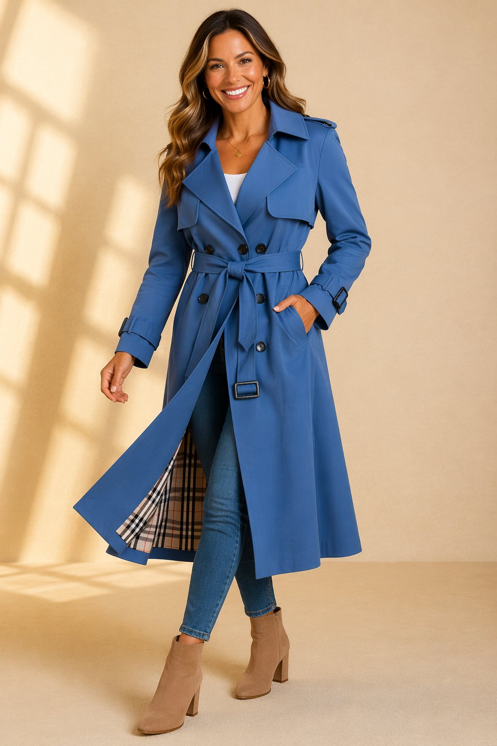 Rebecca | Elegant Long Double-Breasted Belted Trench Coat