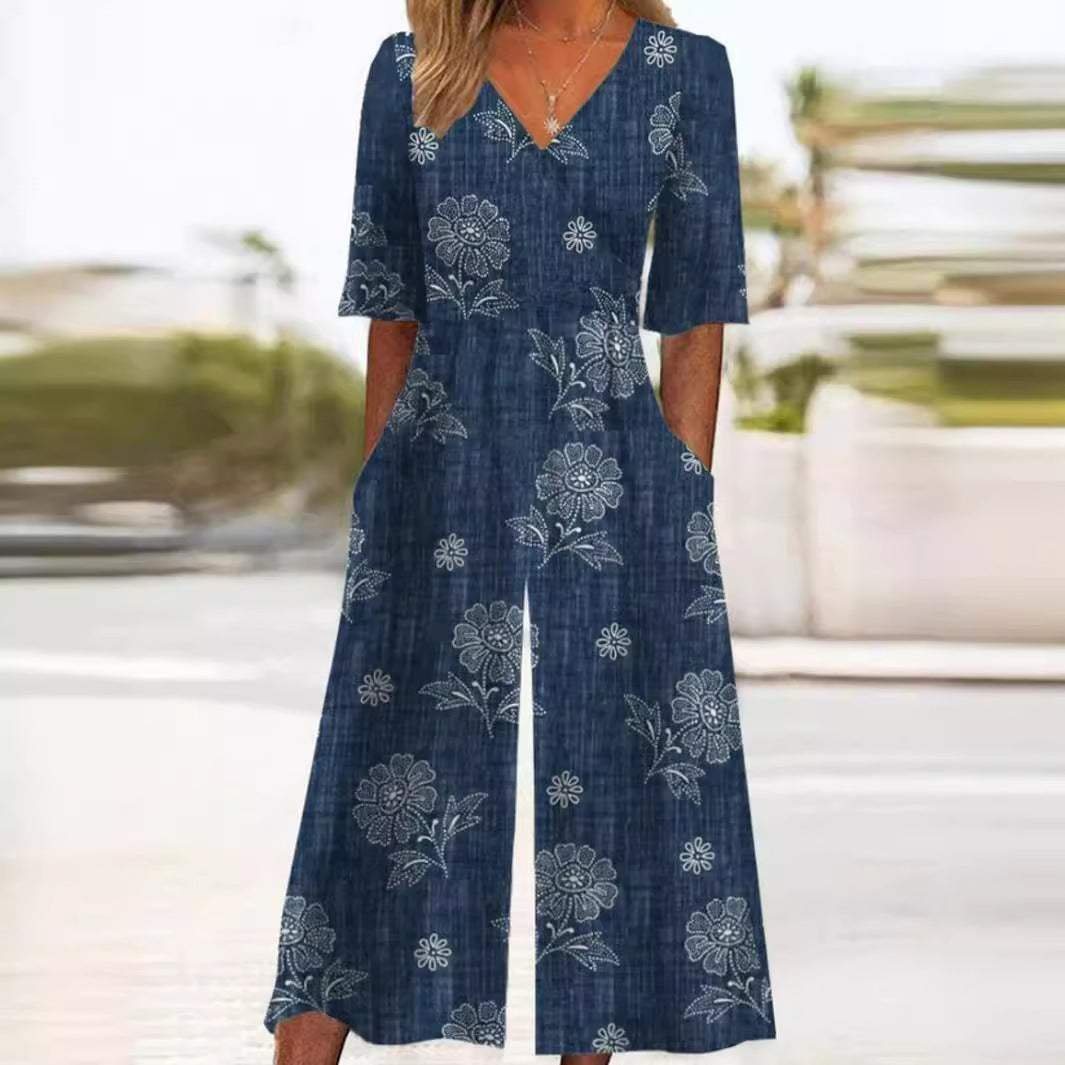 Annika | Boho Jumpsuit – V-Neck Floral Design for Women