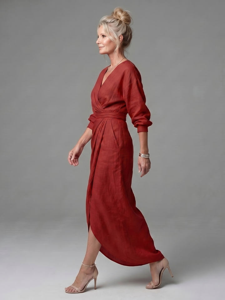 Olympia | Diagonal Drape Maxi Dress – Lightweight Long Sleeve Fit for Women