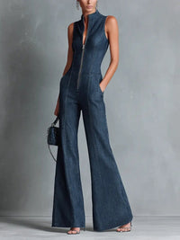 Fiona | Stylish And Retro Stretch Denim Flared Jumpsuit
