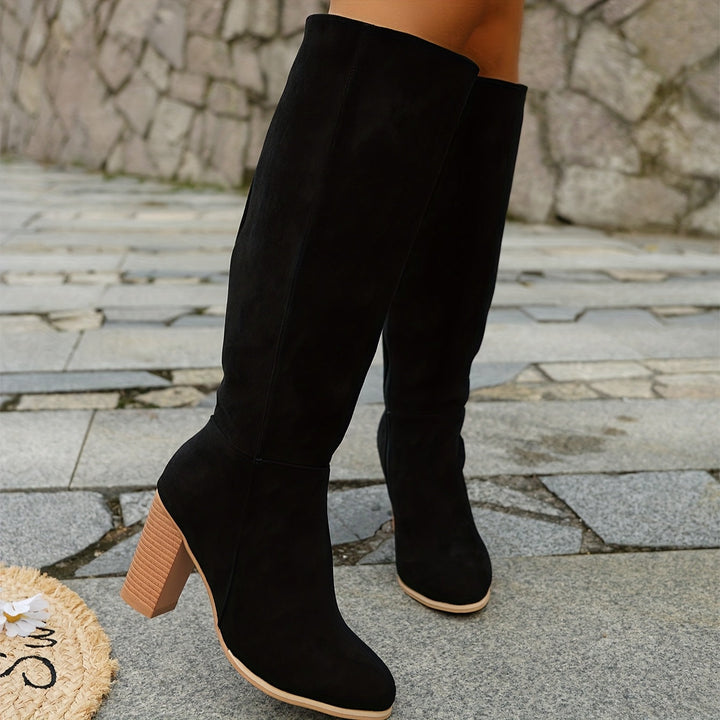 Aurora | Pointed Toe Stacked Heel Knee High Boots