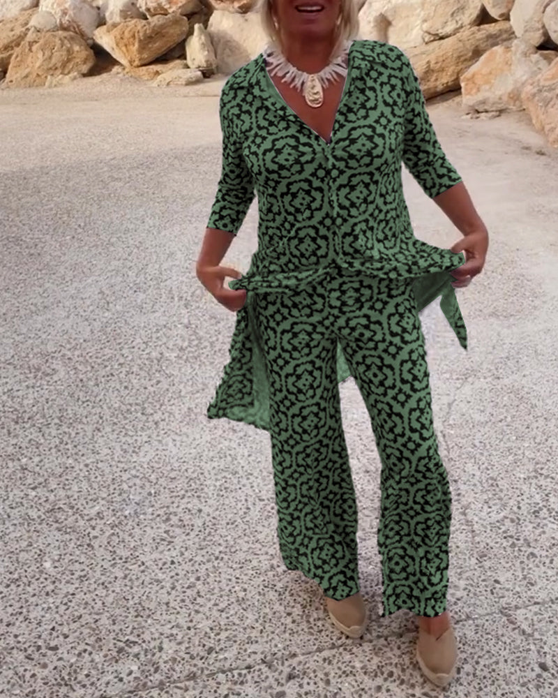 Clara | Chic Geometric Printed V-Neck Tunic & Wide-Leg Pants Set