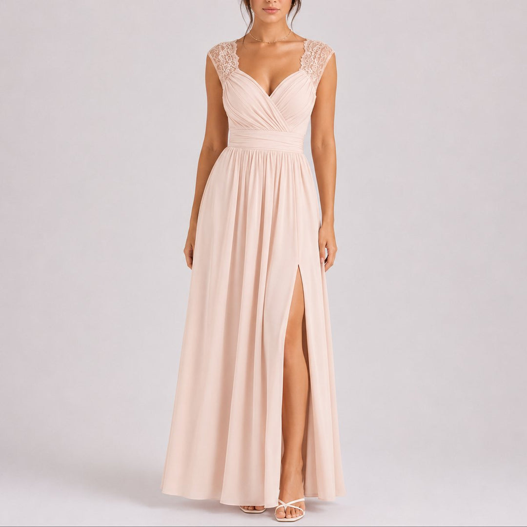 Ruby | Trendy Fall Wedding Lace Shoulder Wrap Maxi Dress