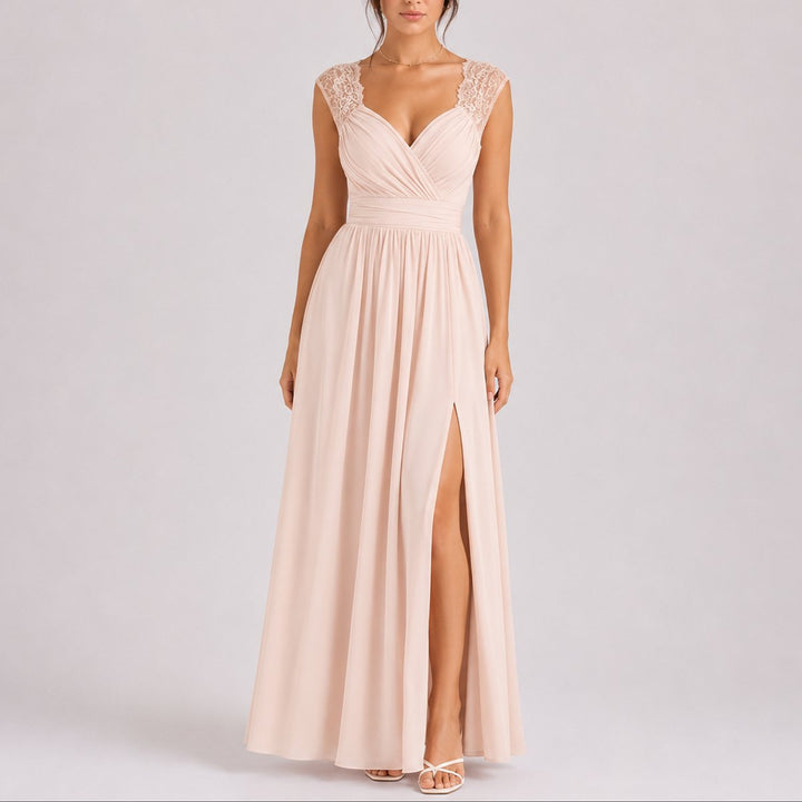 Ruby | Trendy Fall Wedding Lace Shoulder Wrap Maxi Dress