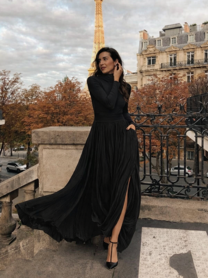 Isla | Flowing Pleated Maxi Dress with Turtleneck