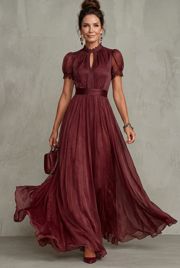 Elara | Lace-Trim Pleated A-Line Maxi Dress