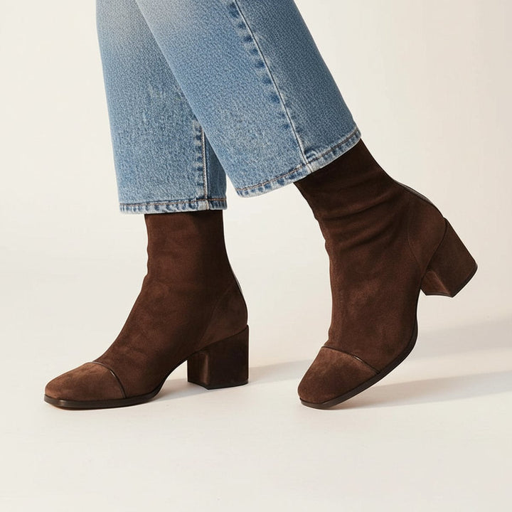 Elodie | Modern Square-Toe Suede Ankle Boots with a Chic Block Heel