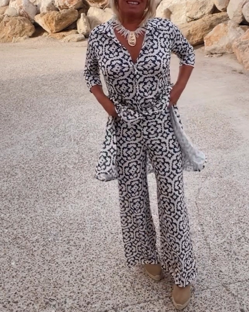 Clara | Chic Geometric Printed V-Neck Tunic & Wide-Leg Pants Set