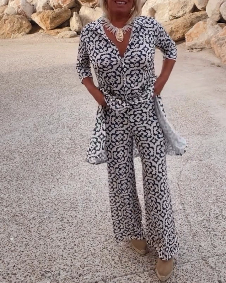 Clara | Chic Geometric Printed V-Neck Tunic & Wide-Leg Pants Set