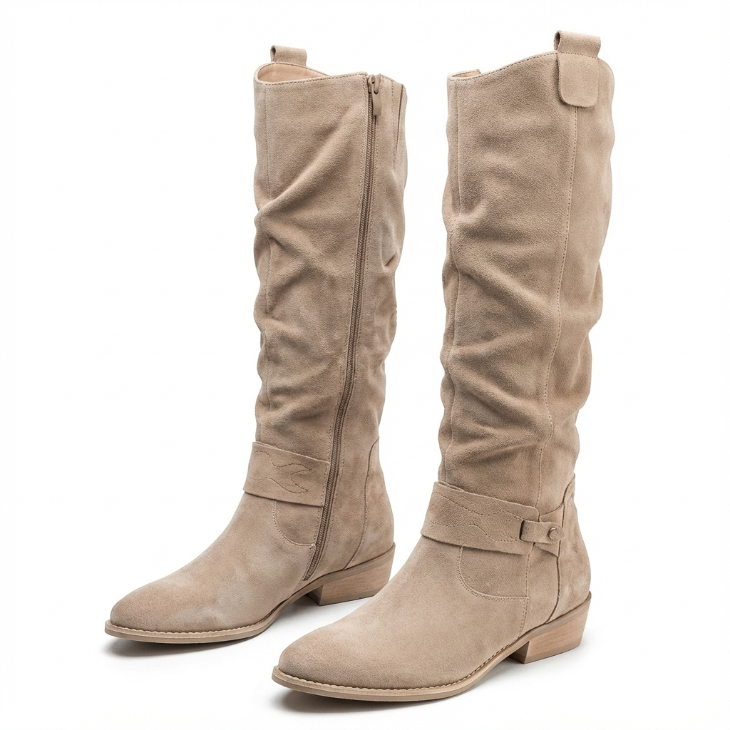 Amy | Schicke, lässig fallende kniehohe Stiefel mit Riemchen