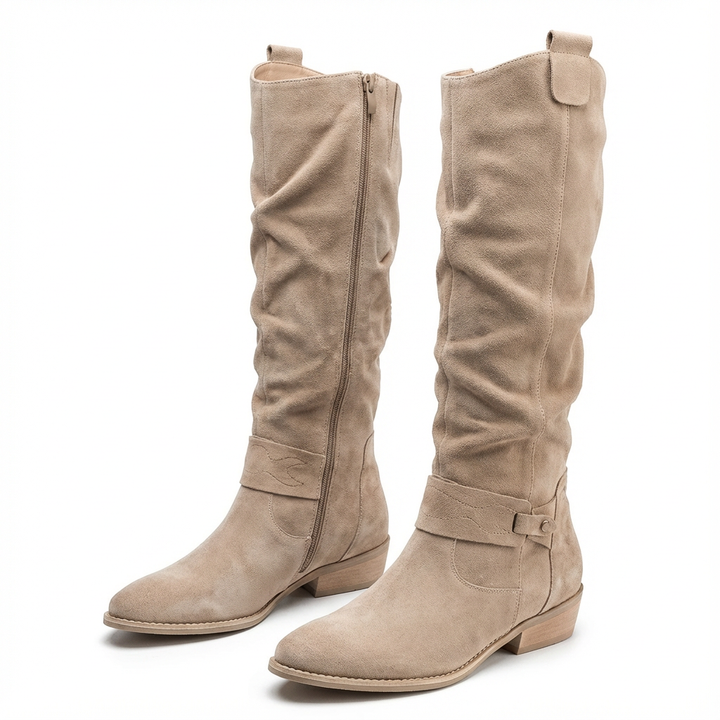 Amy | Schicke, lässig fallende kniehohe Stiefel mit Riemchen