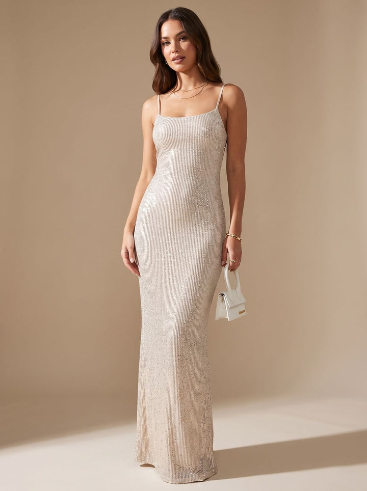 Grace | Bodycon Maxi Dress – Gold Glitter Spaghetti-Strap for Women