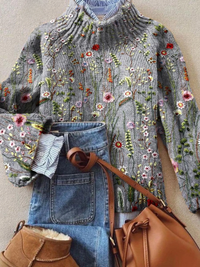 Charlotte | Vintage Floral Patterned Turtleneck Knit Sweater