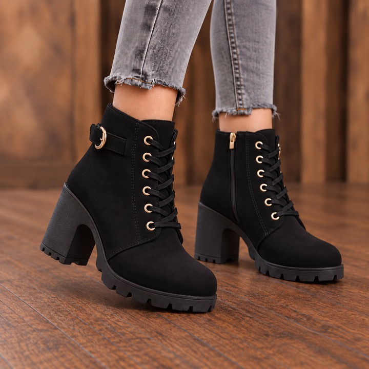 Buckle & Bold | Lace-Up Chunky Heel Ankle Boots for Women