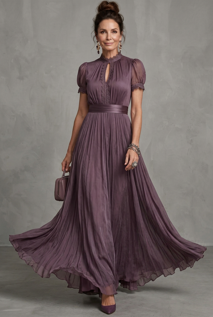Elara | Lace-Trim Pleated A-Line Maxi Dress