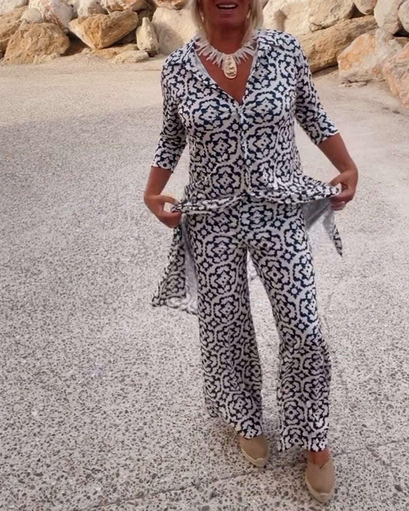 Clara | Chic Geometric Printed V-Neck Tunic & Wide-Leg Pants Set