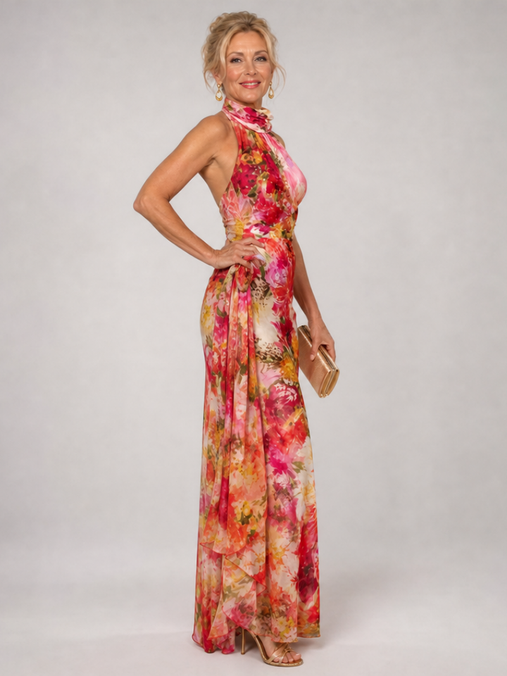 Floral Print Halter Neck Maxi Dress