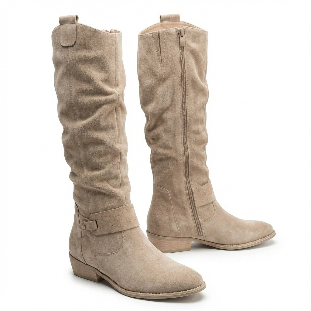 Amy | Schicke, lässig fallende kniehohe Stiefel mit Riemchen