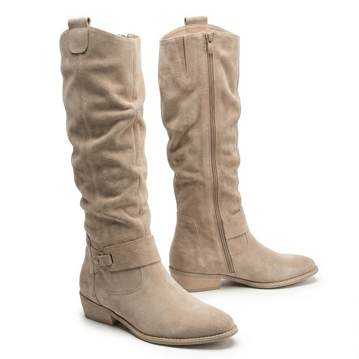 Amy | Schicke, lässig fallende kniehohe Stiefel mit Riemchen
