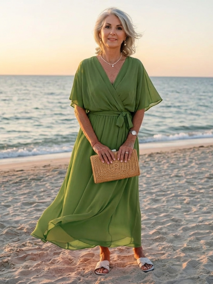 Elysia | Midi Dress – Elegant V Neck with Waist Tie