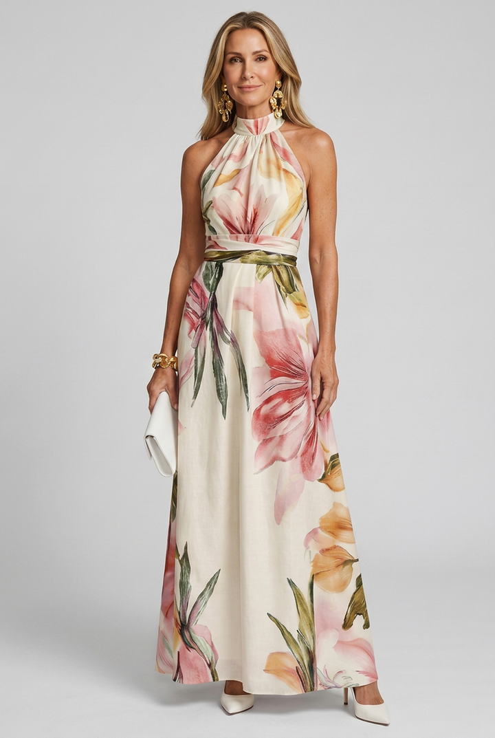 Floral Halter Maxi Dress with Open Back Detail