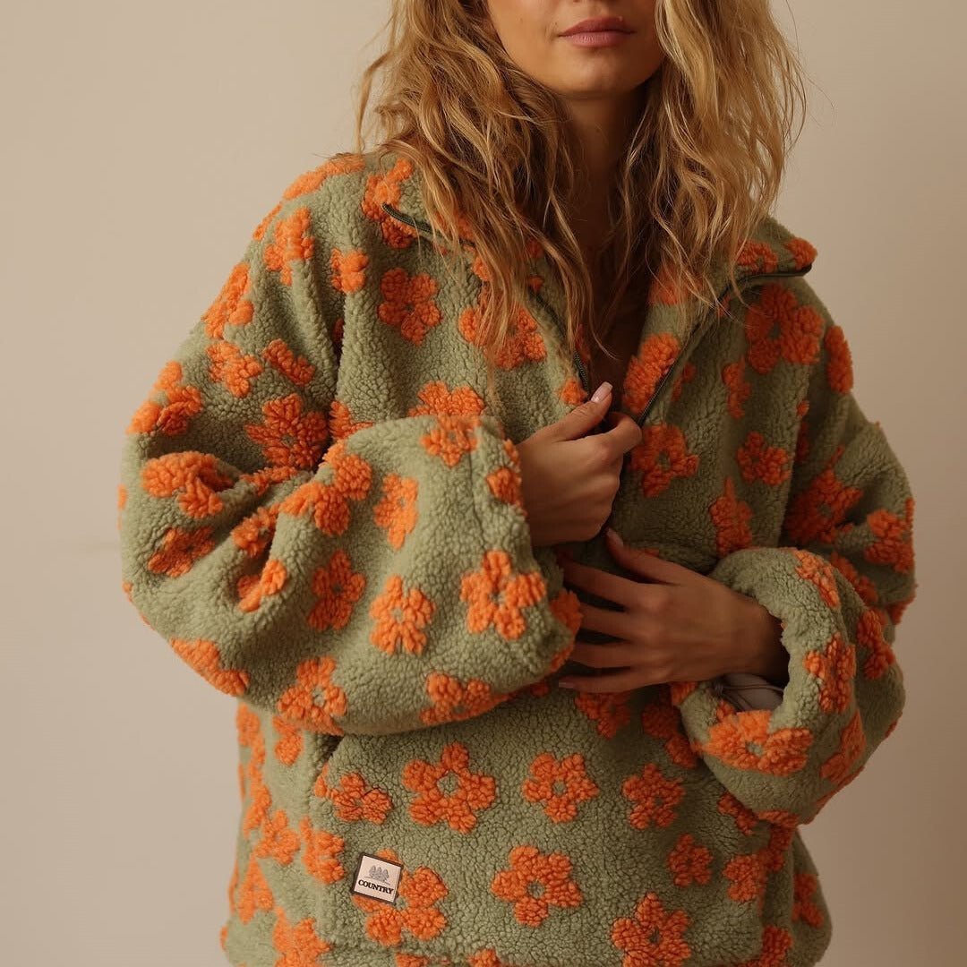 Hazel | Oversized Floral Teddy Fleece Half-Zip Sweater