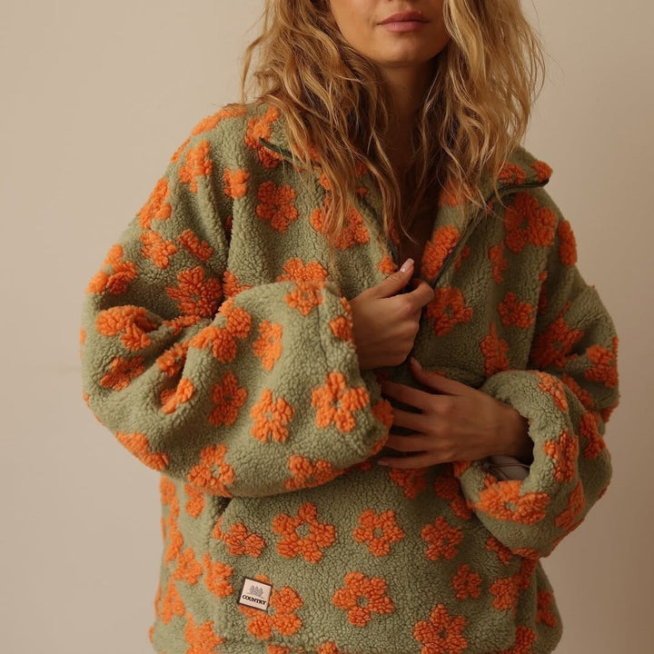 Hazel | Oversized Floral Teddy Fleece Half-Zip Sweater