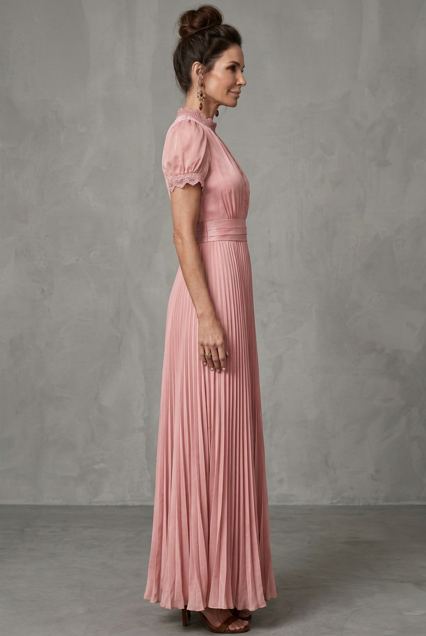 Elara | Lace-Trim Pleated A-Line Maxi Dress