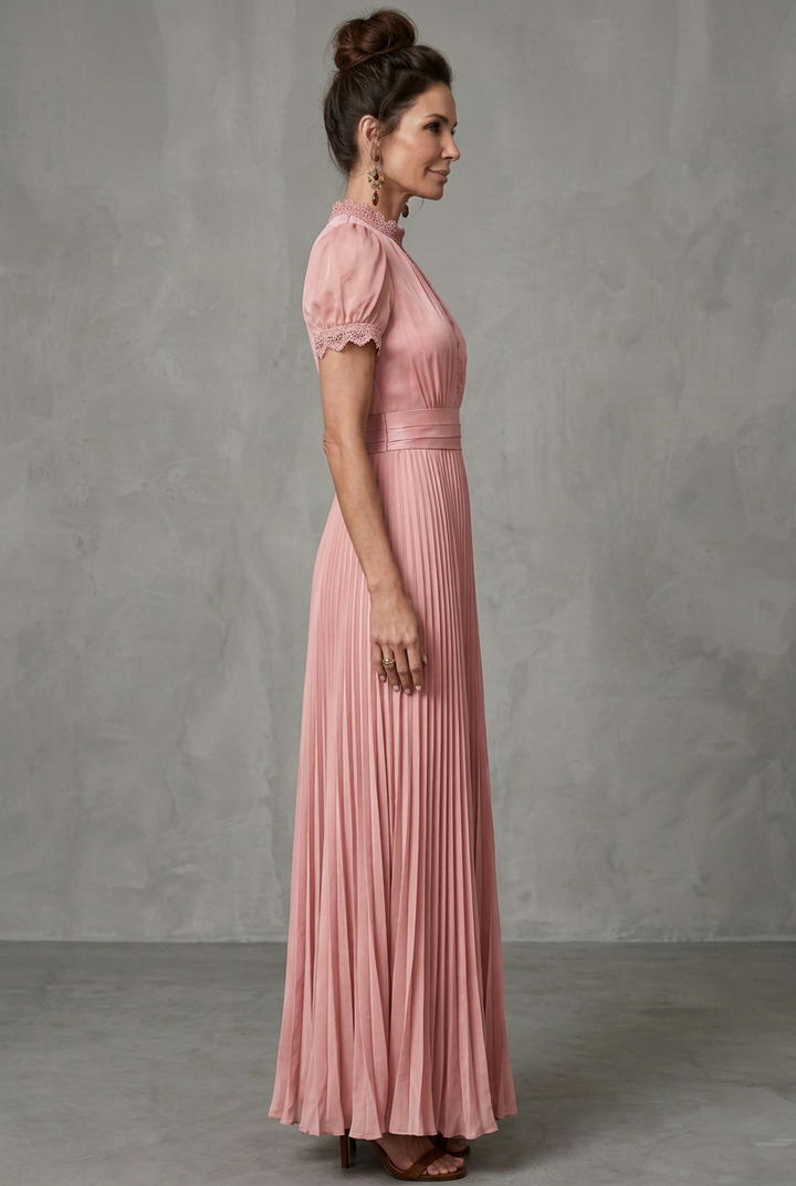 Elara | Lace-Trim Pleated A-Line Maxi Dress