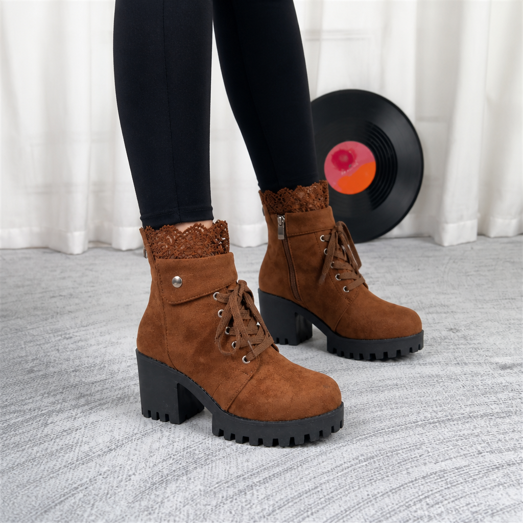 Lacevoya | Lace-Up Chunky Heel Ankle Booties for Women