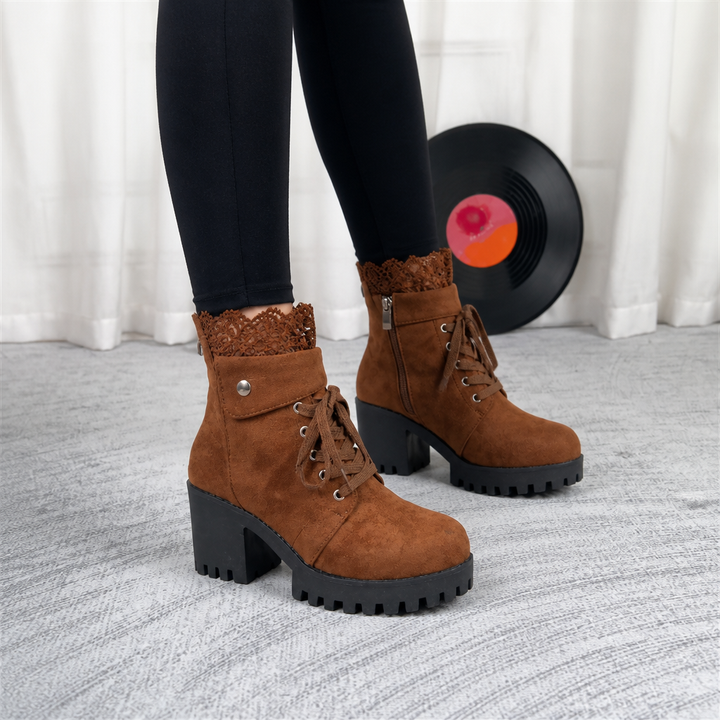 Lacevoya | Lace-Up Chunky Heel Ankle Booties for Women