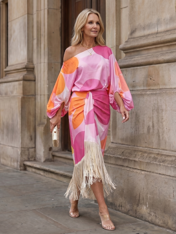 Koda | Midi Dress – Abstract Print with Fringe Hem
