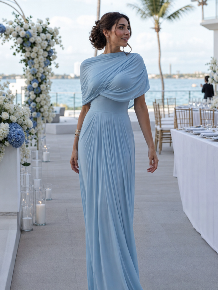 Draped One-Shoulder Maxi Dress in Soft Blue