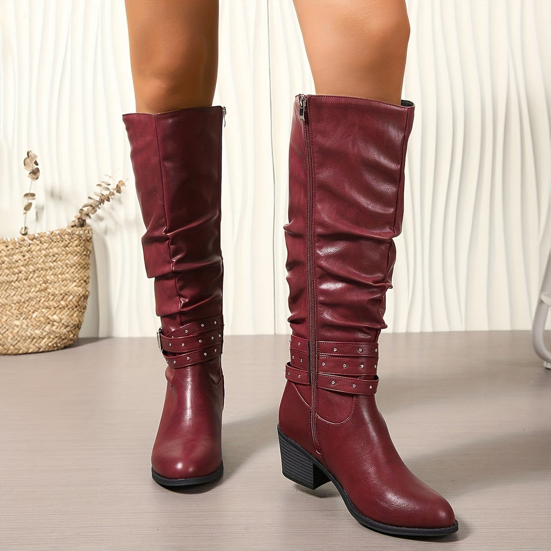 Erin | Edgy Studded Buckle Knee High Boots