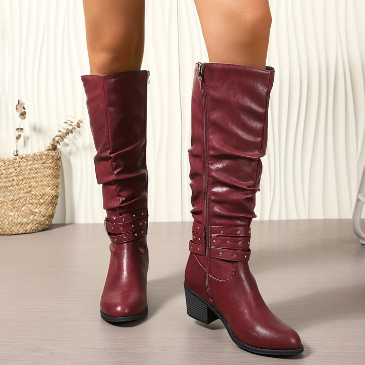Erin | Edgy Studded Buckle Knee High Boots
