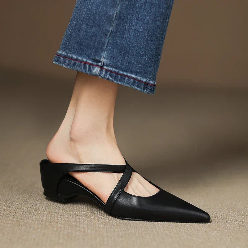 Victoria | Pointed-Toe Cross-Strap Leather Slip-On Mules