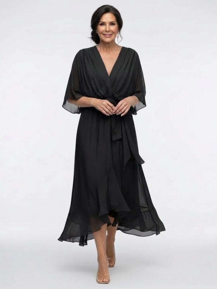 Elysia | Midi Dress – Elegant V Neck with Waist Tie