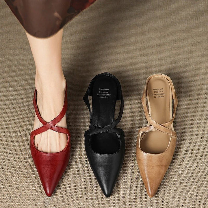 Victoria | Pointed-Toe Cross-Strap Leather Slip-On Mules