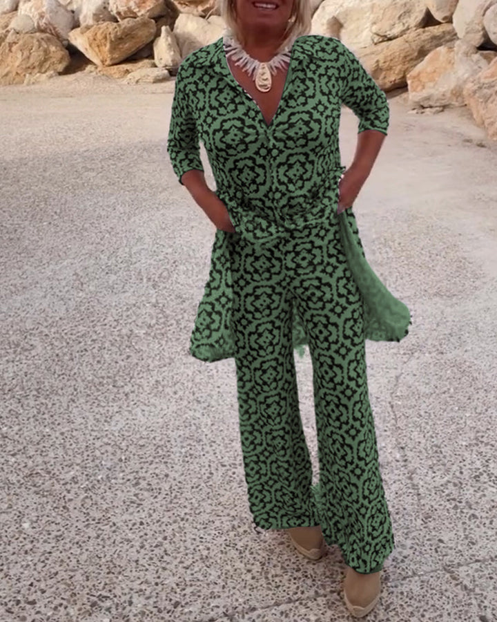 Clara | Chic Geometric Printed V-Neck Tunic & Wide-Leg Pants Set