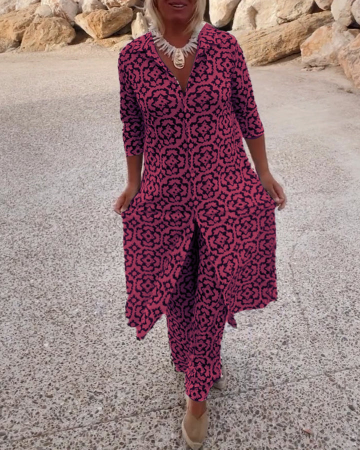 Clara | Chic Geometric Printed V-Neck Tunic & Wide-Leg Pants Set