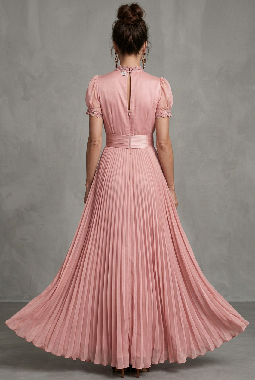 Elara | Lace-Trim Pleated A-Line Maxi Dress