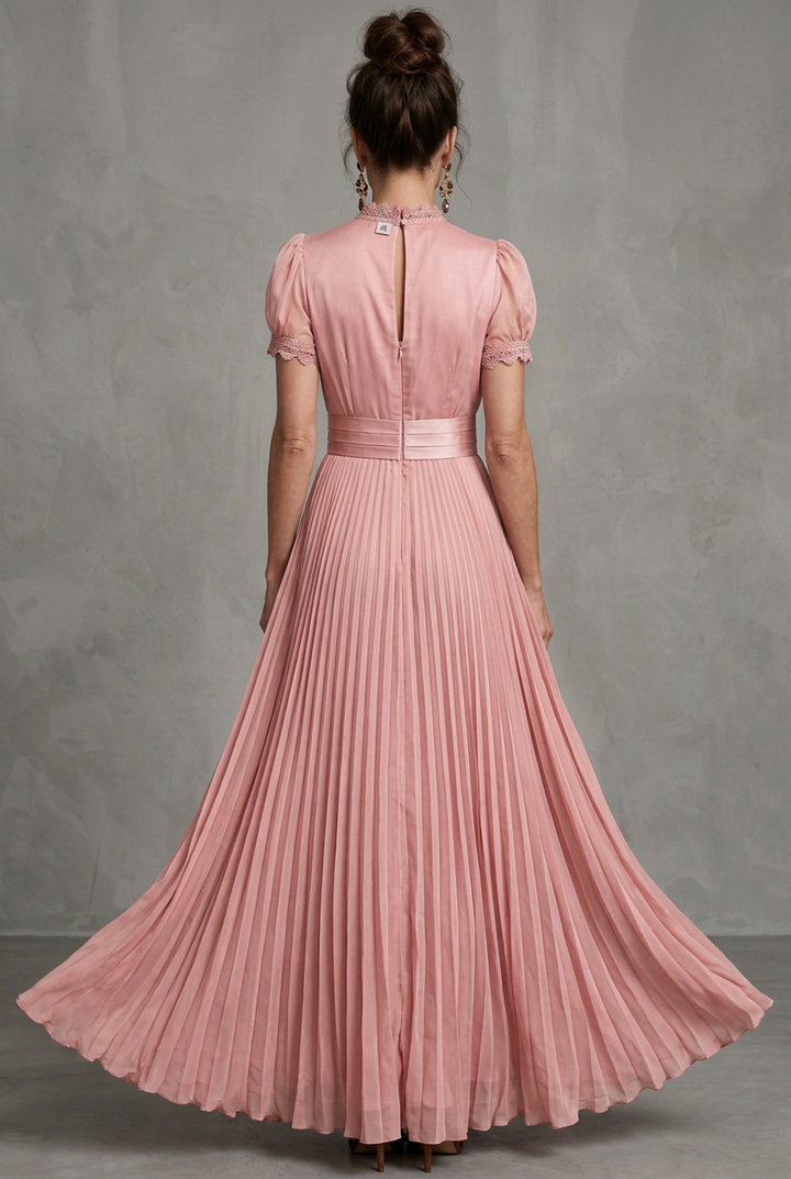 Elara | Lace-Trim Pleated A-Line Maxi Dress