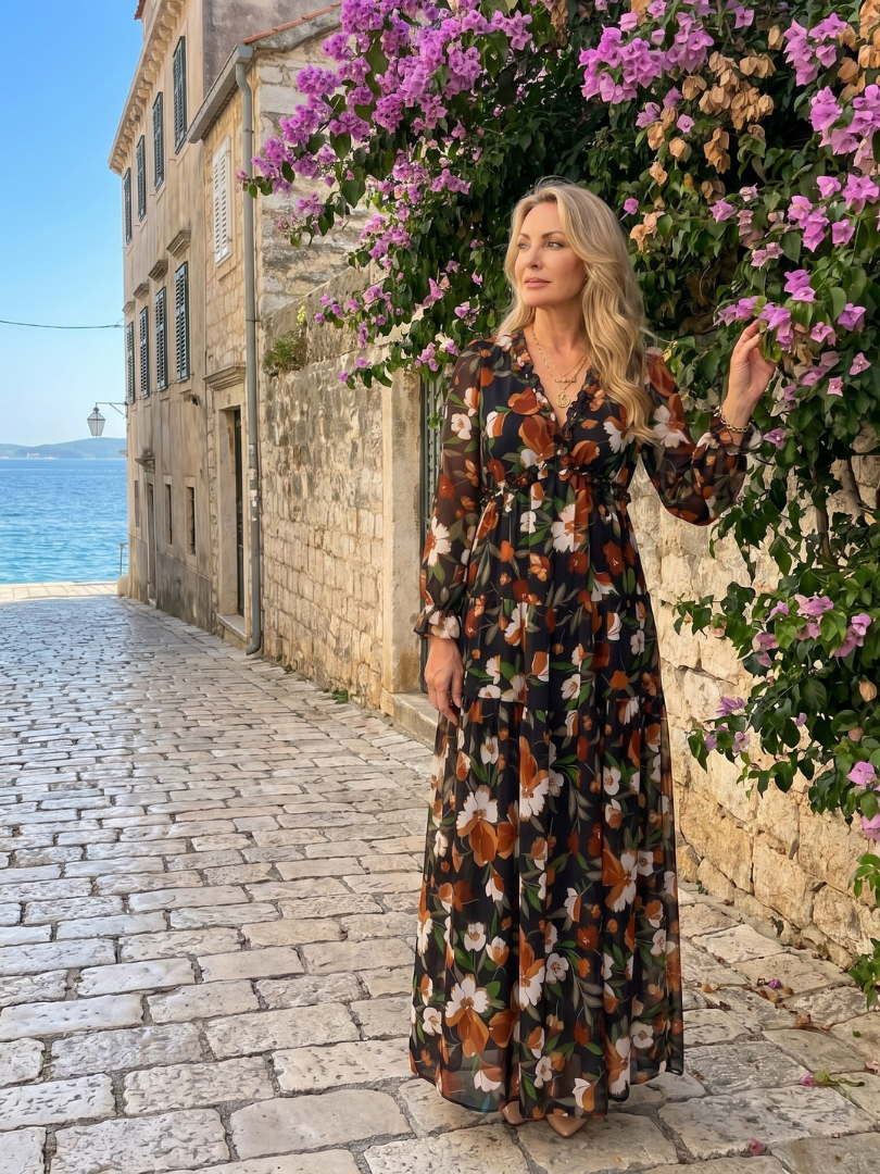 Camelo | Floral Print Maxi Dress – Long Sleeve Tiered Style