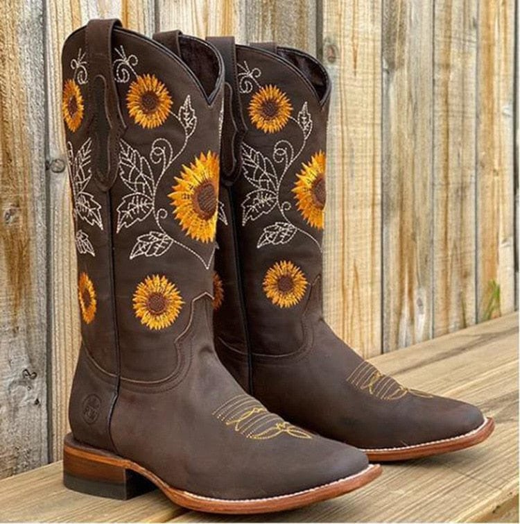 Harriet | Charming Sunflower-Embroidered Square-Toe Cowboy Boots