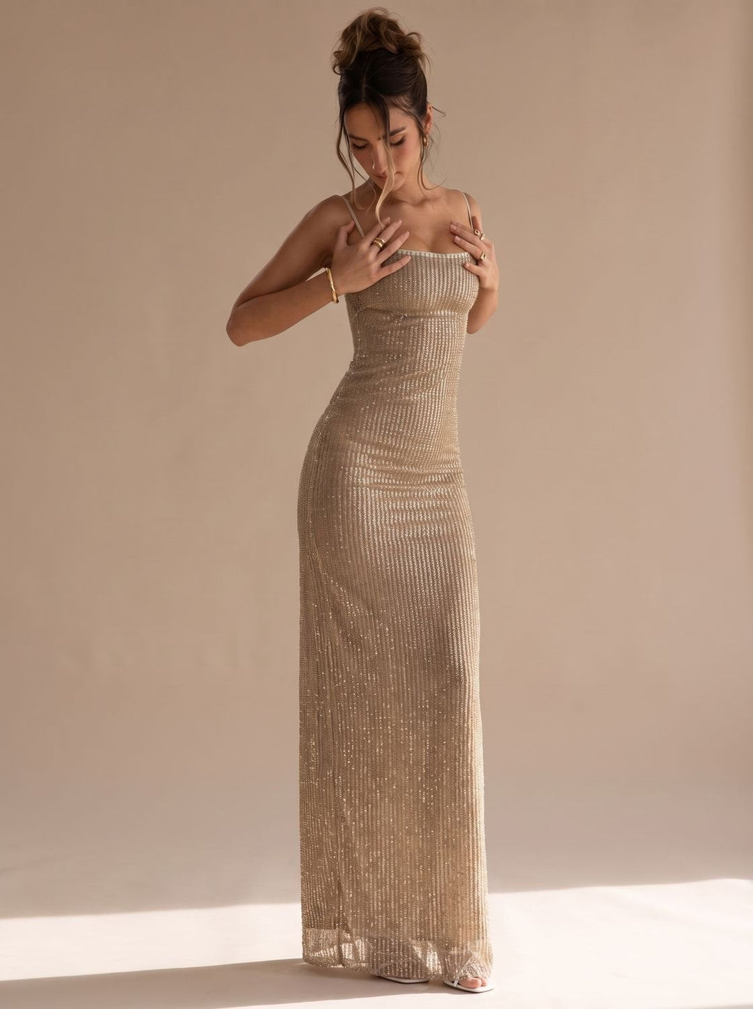 Grace | Bodycon Maxi Dress – Gold Glitter Spaghetti-Strap for Women
