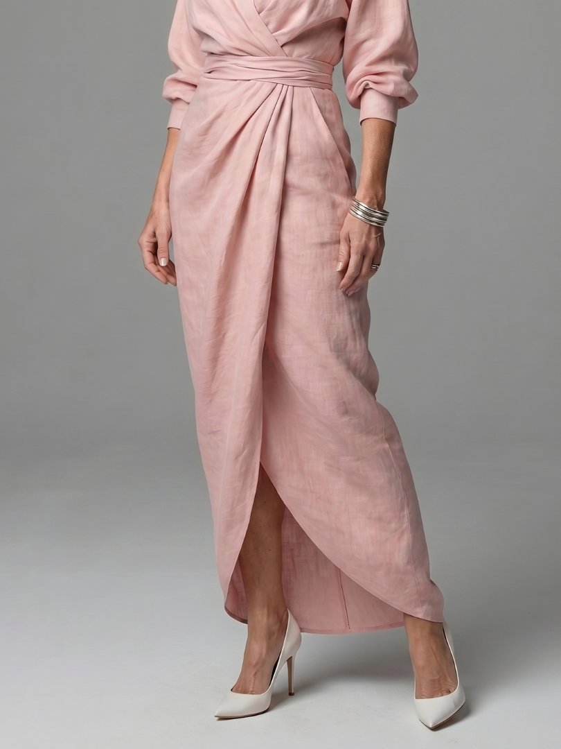 Olympia | Diagonal Drape Maxi Dress – Lightweight Long Sleeve Fit for Women